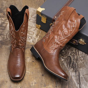 Botas Vaqueras de Cuero PU para Hombre, Zapatos de Otoño Invierno, Moda Retro Bordada Estilo Occidental, Talla Grande US16 - Product Image 2