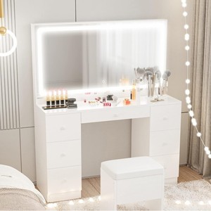 Coiffeuse de style récent avec miroir et éclairage LED lumineux avec 7 tiroirs et étagères Prise électrique pour chambre à coucher Blanc - Product Image 5
