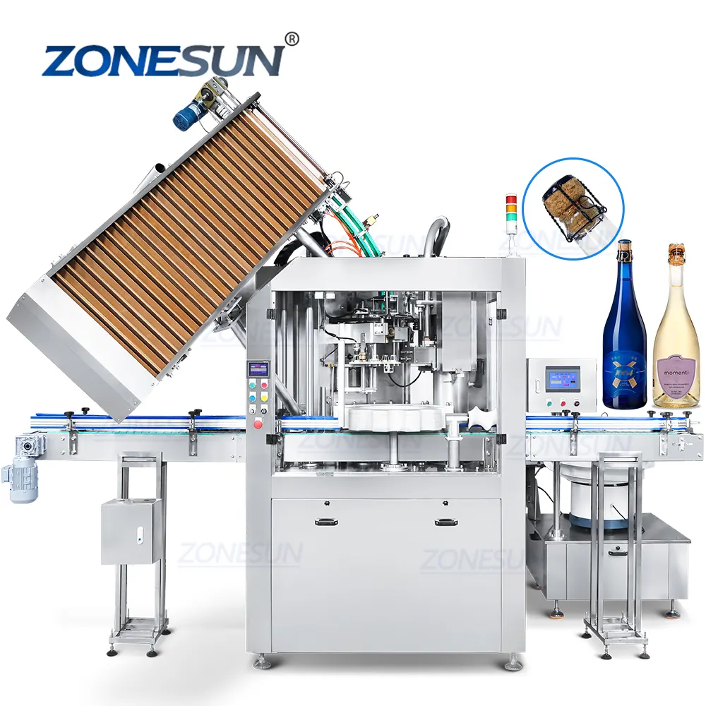 ZONESUN ZS-YG17 स्वचालित मोनोब्लॉक रोटरी वाइन बोतल कॉर्किंग वायर केज कैप म्यूज़लेट केजिंग कैपिंग मशीन