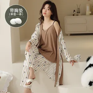 Bán Buôn Thoải Mái Vải Cotton Áo Ngực Quần Áo Ngủ Bốn Mùa Áo Choàng Vest Quần Bộ Đồ Ngủ Phù Hợp Với Giải Trí 3Pcs Đồ Ngủ Cho Phụ Nữ Thiết Lập