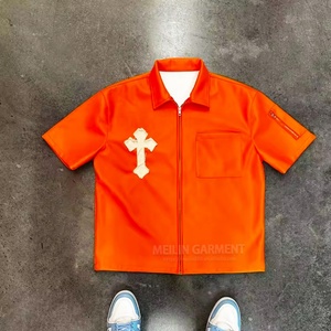 OEM Custom High Quality Short Sleeve Fashion Zip Pocket Casual Turn-<b>down</b> Collar Men's Pu Leather Zip up Mens Leather Shirts - Product Image 6