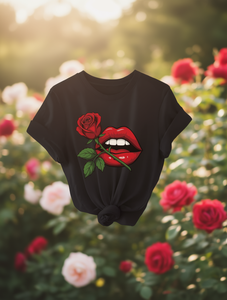 T-shirt bianca da donna a maniche corte con scollo rotondo, stampa romantica di rose e labbra, vestibilità ampia e casual, top versatile per tutte le stagioni - Product Image 2