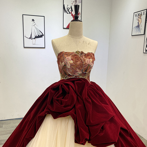 Jancember Wm009 Flower <b>Red</b> and Champagne Modest Ball Gown Evening Dress - Product Image 4
