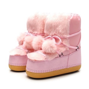 Bottes d'hiver roses moelleuses et fourrées pour femmes, à plateforme haute, antidérapantes, mi-mollet, à enfiler, doublure en coton, automne - Product Image 3