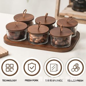 Plateau de service en bois avec bocaux en verre et couvercles, plateau à compartiments multiples pour les en-cas et le thé - Product Image 4