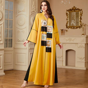 A-212 Dubaï Luxe Islamique Élégant Modeste Musulman Abaya <span class=keywords><strong>Kaftan</strong></span> Mode Épissage Motif Floral Bleu À Manches Longues Étage Longueur Maxi - Product Image 3