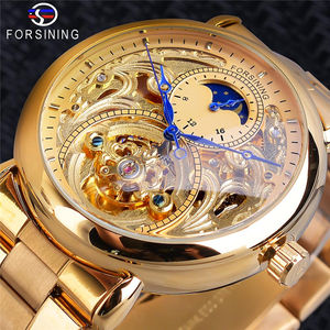Reloj de Pulsera Mecánico Automático de Negocios para Hombre, Marca Top Relos para Forsining, con Fase Lunar Dorada, Correa de Acero Inoxidable y Manecillas de Acero Inoxidable - Product Image 1