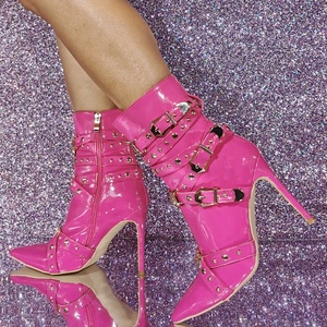 Hot Women Big Size 47 Cross Metal Buckles Ankle Boots Rivets Diamonds High Slim Heels Shoes Wide Fit Short <b>Booties</b> - Product Image 1