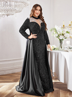 Robe de soirée élégante pour femme, col montant, manches longues droites, tissu en maille contrastée à paillettes, coupe ajustée, traîne de cour
