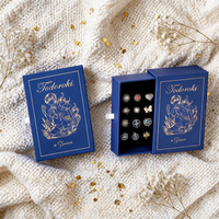 Boîte d'emballage de bijoux en papier bleu avec logo doré personnalisé, insert en velours pour petites boucles d'oreilles, bagues, épingles en émail, rangement de cadeaux