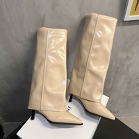 Bottines hautes pour femmes, couleur blanc cassé, automne-hiver 2024, bout pointu, talon aiguille, coupe ajustée, semelle en caoutchouc, style vintage