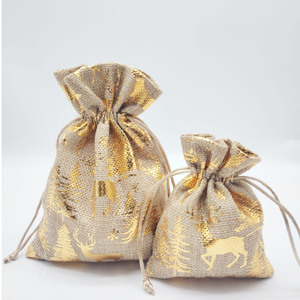 Bolsa de Regalo de Lino con Cordón de Diseño Profesional Sanas para Navidad, Venta al por Mayor, con Impresión Dorada para Decoración Navideña - Product Image 6