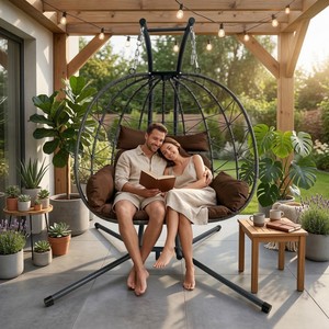 Fauteuil <span class=keywords><strong>suspendu</strong></span> <span class=keywords><strong>double</strong></span> moderne en acier avec coussin et support, idéal pour patio, chambre, balcon et jardin (utilisation intérieure/extérieure, marron) - Product Image 1
