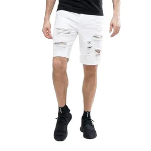 KY 2019 ขายส่งครึ่งความยาวผู้ชายออกแบบล่าสุด distressed heavy ripped สีขาว denim กางเกงขาสั้นผ้าฝ้าย