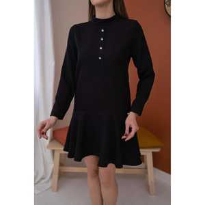Vestido Mini Clásico Negro Liso con Cuello Simulado, Corte en A, Tejido, para Uso Diario, Informal - Product Image 5