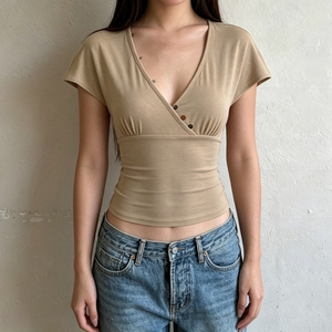 Top Elegante Minimalista Europeo Americano con Cuello en V, Botones Cruzados, Cintura Ajustada, Espalda Descubierta y Color Sólido - Product Image 3