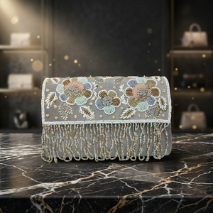 Beaded Pearl Floral Handmade Evening <b>Clutch</b> <b>Wedding</b> Party Bag Gray Fringe Decorated - Product Image 2