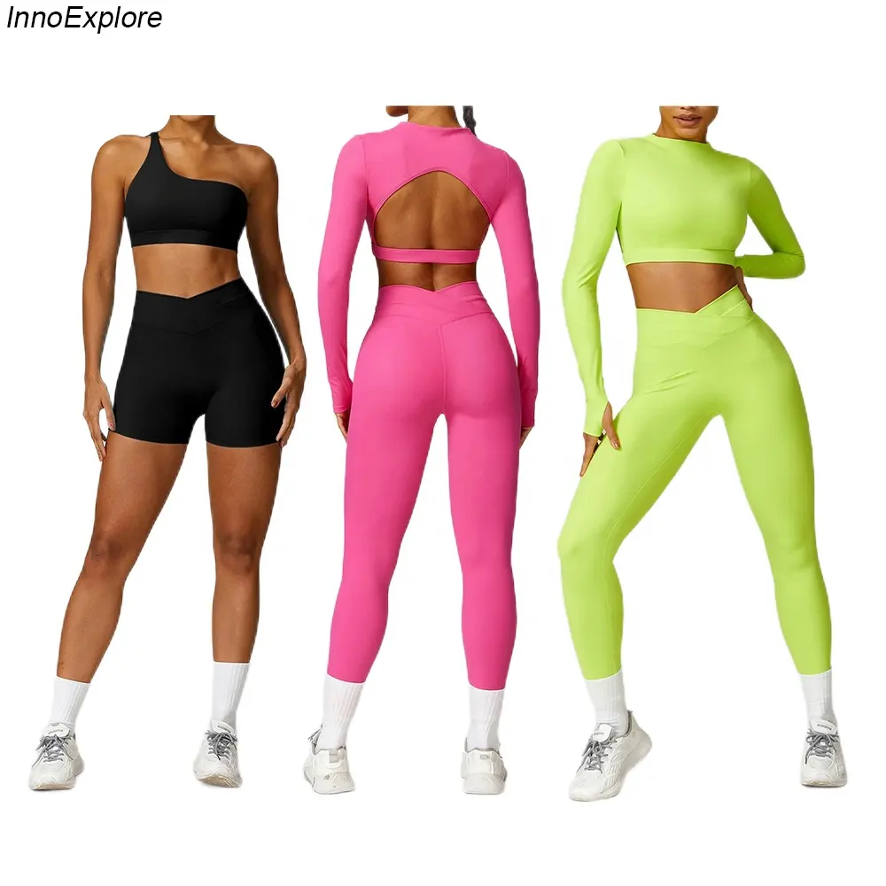 Leggings de ioga sem costas para treino de manga longa, conjunto de fitness para academia e academia, conjunto curto de estrias para mulheres com corte em V