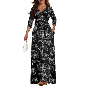2024 nuevos productos personalizados Hawaii Life Anthurium flor estilo samoano estampado de talla grande Casual Sexy cuello en V <span class=keywords><strong>Maxi</strong></span> vestido estampado a pedido - Product Image 3