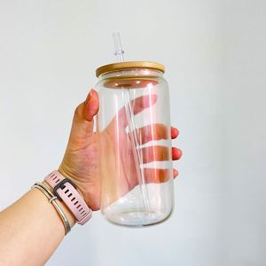 16Oz 20Oz Blank Sublimation Rainbow Glitter Iridescent Can Glass With <b>Bamboo</b> Lid and <b>Straw</b> for Hot Printing - Product Image 2