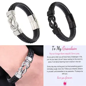 High Quality Stainless Steel Knit Metal Charms Leather Bracelet Jewelry For Men