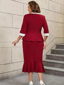 AOMEI maniche a tre quarti con collo quadrato a balze top bordeaux formale da donna due pezzi con Maxi gonna a sirena - Product Image 3