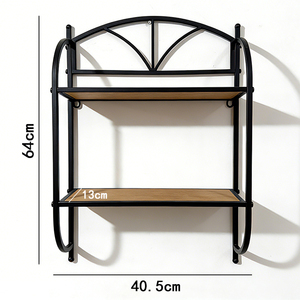 Étagère <span class=keywords><strong>murale</strong></span> double arquée en métal et bois faite à la main pour salle de bain, <span class=keywords><strong>cuisine</strong></span>, salon - Étagères murales décoratives superposées modernes et écologiques - Product Image 2