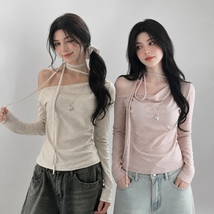 Women's Sweet Polka Dot Tie Front Long Sleeve Top Shoulder Asymmetric <b>Neck</b> Slim Fit Breathable Autumn Knitted Digital - Product Image 1