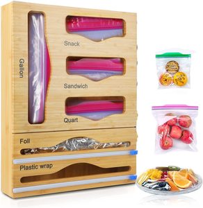 Bamboo 6 IN 1 Foil And Plastic Wrap Organizer With Ziplock Bag Storage Organizer for Kitchen Drawer, Food Storage Bag Organizer