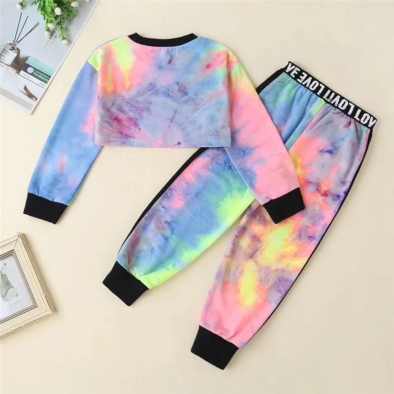 Custom Logo 2-6Years Girls Clothes cropped Sets Tie Dye Crop Tops T-Shirts Letter Pants Children Clothing Kids Teen tracksuit