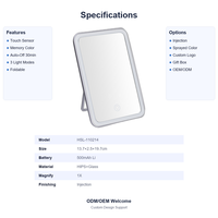 Miroir de maquillage LED pliable avec variateur tactile, lumière à 3 couleurs, mémoire, arrêt automatique, 500 mAh, rechargeable Type-C, miroir HIPS