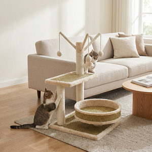 Silla Reclinable para las Cuatro Estaciones - Material de Madera Fresca - Cama para Gatos con Bola Colgante de Cuerda de Bambú Blanca y Estructura para Trepar para Gatos - Product Image 1