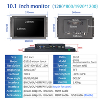 Layar sentuh LCD layar lebar 10.1 inci, Monitor industri bingkai terbuka dengan BNC/VGA/AV/HD/USB 1280 inci 800/1920*1200*16:10