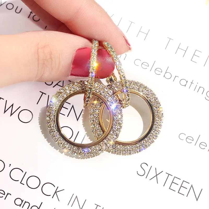 2020 Fashion Statement Luxury Designer Big Bling Gold Crystal Rhinestone Hoop Channel Earrings for Women Ladies Jewelry