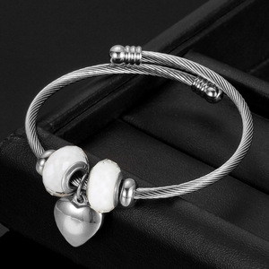 Stainless Steel Beaded <b>Bracelet</b> With Crystal Heart Pendant <b>Adjustable</b> For Gift Unisex Jewelry - Product Image 2