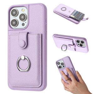 Funda de teléfono de cuero con ranura para tarjeta para iPhone 16 15 14 13 12, funda de teléfono Pu con anillo a precio de fábrica para iPhone 16 Pro - Product Image 3