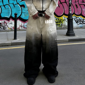 Pantalones de cuero personalizados estilo Y2K vintage de invierno, de peso pesado, de cintura baja, con cierre de botones, teñido con efecto salpicado, corte recto y holgado, con lavado medio y efecto pintado. - Product Image 1