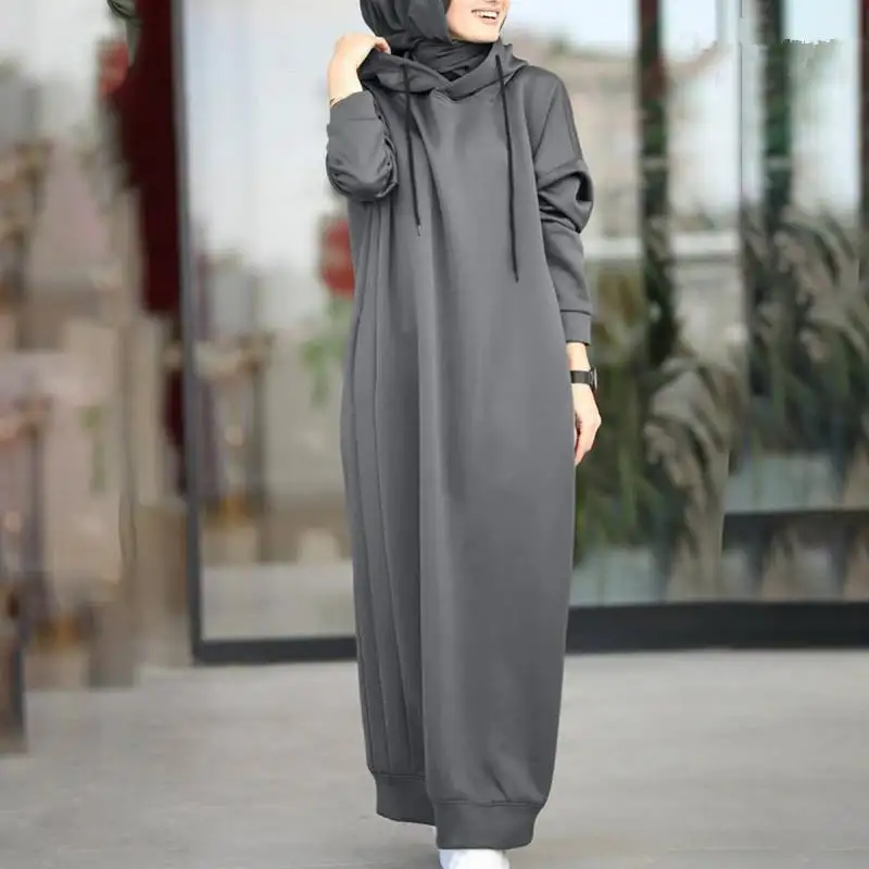 2023 Women's Solid Large Size Sweater Sweatshirt String Hoodie Hooded Long Dress Europe America Middle East Dubai Plush Dress