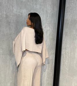 Completo da Donna ACEzung Fashion 2025 con Pantaloni, Top Plissettato Irregolare con Spalle Scoperte e Pantaloni Lunghi <span class=keywords><strong>a</strong></span> <span class=keywords><strong>Gamba</strong></span> <span class=keywords><strong>Larga</strong></span>, Abito Due Pezzi da Donna - Product Image 3