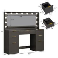 Coiffeuse de maquillage avec miroir, plateau en verre noir, éclairage LED, 7 tiroirs, grand meuble de rangement en verre trempé, ensemble de coiffeuse pour chambre à coucher