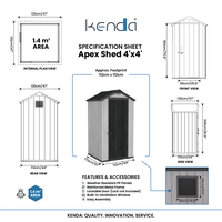 Caseta de Jardín KENDA con Cerradura, de PP Estructural de Doble Pared de 15 mm, 4x4 pies, Nivel 11, Resistente a Tifones, Compatible con Candado de Alta Resistencia