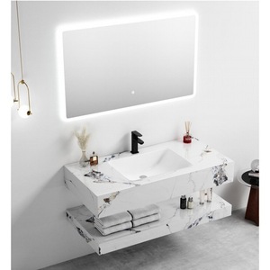 Mueble de baño CR Chanel-100 de mármol blanco con espejo LED y lavabo de cerámica - Product Image 2