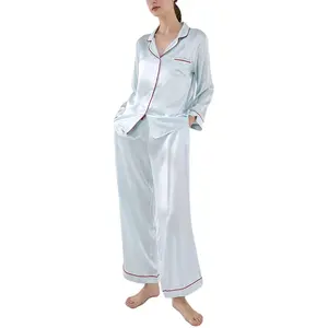 Women Piping Sleepwear Pajamas Set Satin Silk Nightwear For Women Turn Down Collar With Piping Pajama 2 Pcs Set