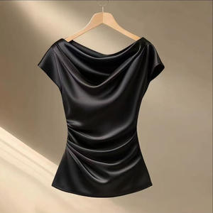 Women's Satin Cowl Neck Ruched <b>Top</b> - Cap Sleeve Fitted Blouse Womens Clothes Shirt Fashion - Product Image 2