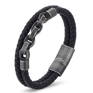 Pulsera de Cuero para Hombre a la Moda con Cadena de Acero Inoxidable, Brazalete de Cuero Negro Tejido a Mano para Él - Product Image 1
