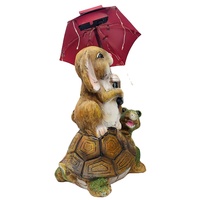 Statue de jardin solaire Lapin de Pâques extérieur, lapin assis sur une tortue, tenant un parapluie, avec guirlande lumineuse