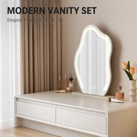 Ensemble de coiffeuse moderne blanc avec miroir LED et chaise en acrylique, tiroirs extensibles en panneau écologique