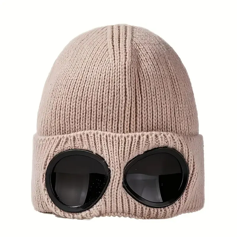 قبعة سميكة منسوجة دافئة مزودة بأغطية Beanie للأذن مع نظارات تصلح لركوب الدراجات في فصل الشتاء ومناسبة للجنسين للبيع بالجملة لعام 2023