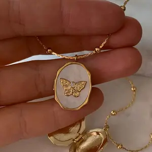 Openable PVD 18K Gold Plated Stainless steel Vintage Shell Butterfly Photo Box Locket Pendant Necklace Jewelry Women