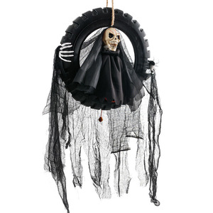 DAMAI Halloween LED Haunters Animated Hanging Moving Skeleton Head Death Reaper in Tire Swing Prop Decoration Decor - Product Image 5